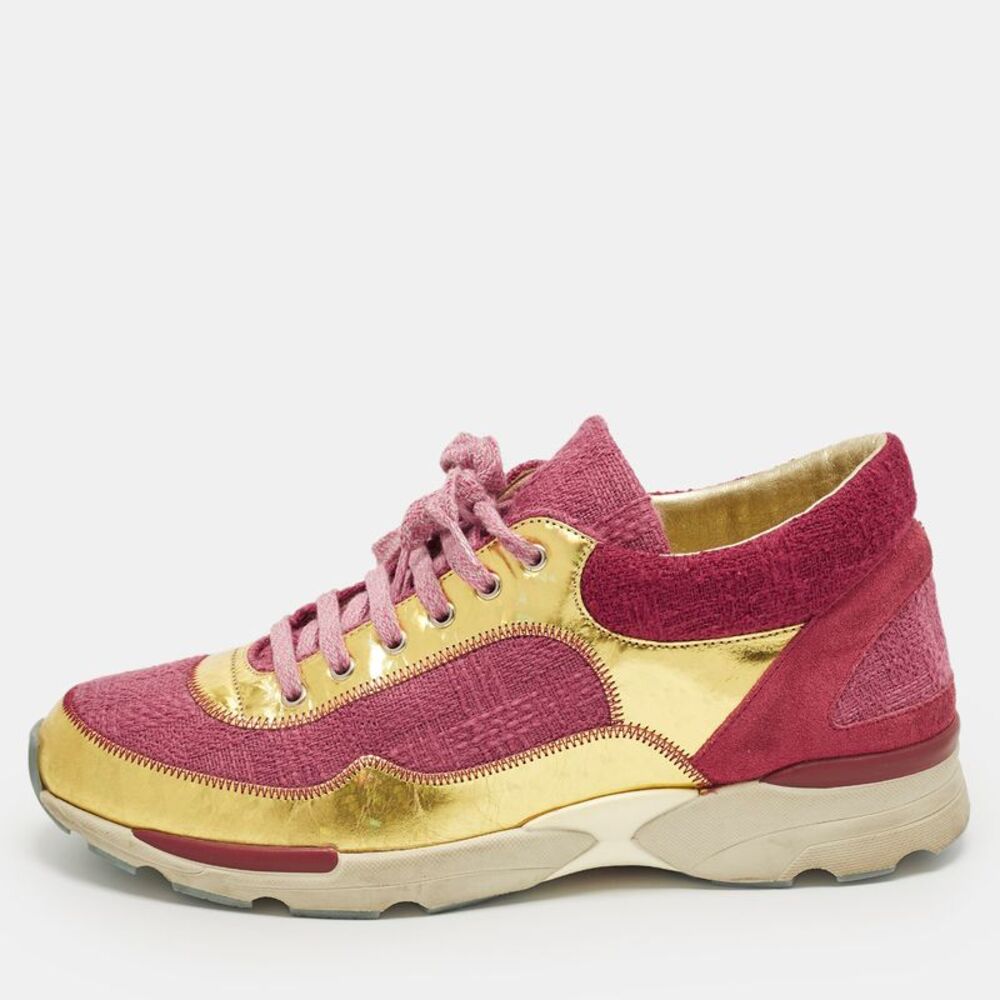 Chanel Cc Size 38 Two Tone Leather And Tweed Lace Up Sneakers